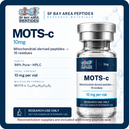 MOTS-c 10 mg research peptide vial with specification card