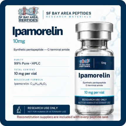 Ipamorelin 10 mg research peptide vial with specification card