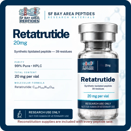 Retatrutide 20 mg research peptide vial with specification card