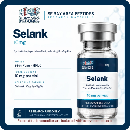Selank 10 mg research peptide vial with specification card