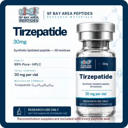 Tirzepatide 30 mg research peptide vial with specification card